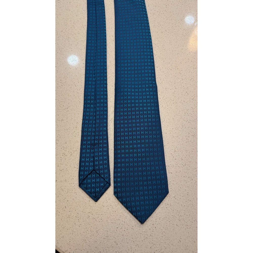 Hermes Paris Silk Tie Teal Blue Micro H Monogram Logo Made in France Necktie